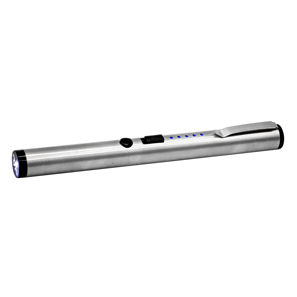 40,000,000 Volts Pen Stun Gun Flashlight with battery meter and pocket clip Silver